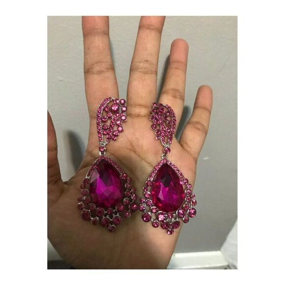 Dark pink earring Fuchsia crystal magenta teardrop earrings pink long earring - Picture 8 of 9